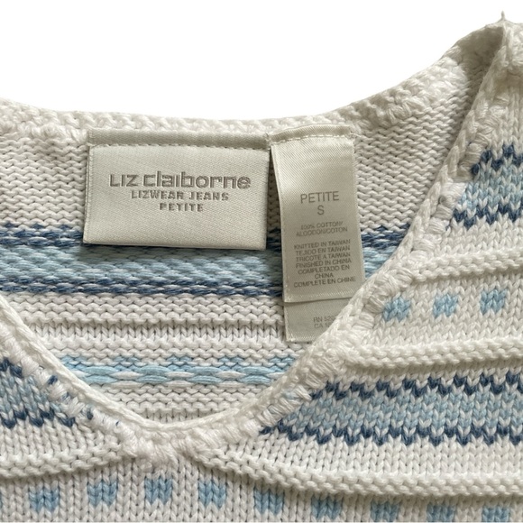Liz Claiborne white light blue Nordic style long sleeve V-Neck knit sweater SP - Picture 5 of 5